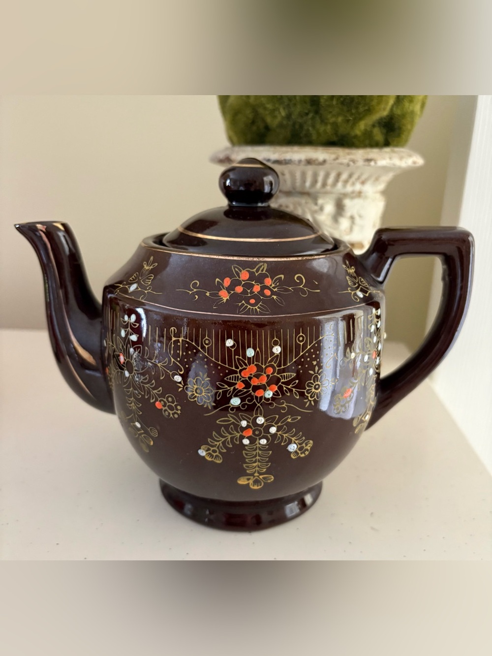 Vintage Moriage Brown Ceramic Teapot with Floral Design and Gold Gilding